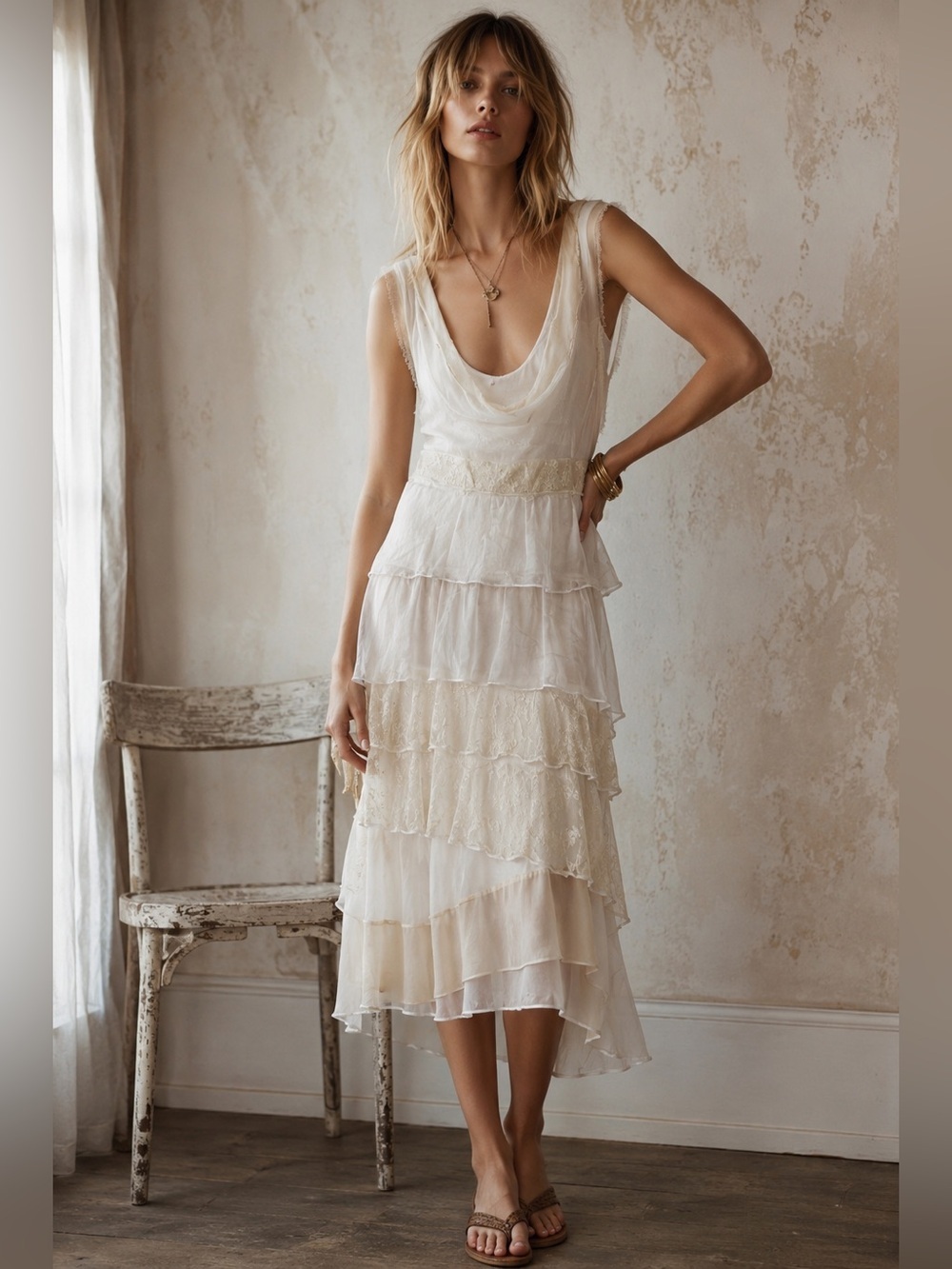 Jane & John Ivory Romantic Layered Lace & Chiffon Boho Midi Dress y2k 🤍 Medium